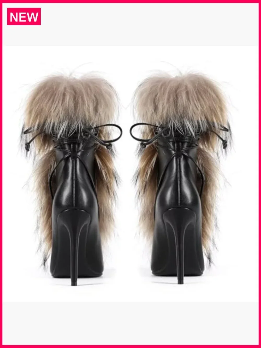 Handmade Stiletto Ankle Booties, Furry Fluffy Fur Lace-Up Heeled Boots